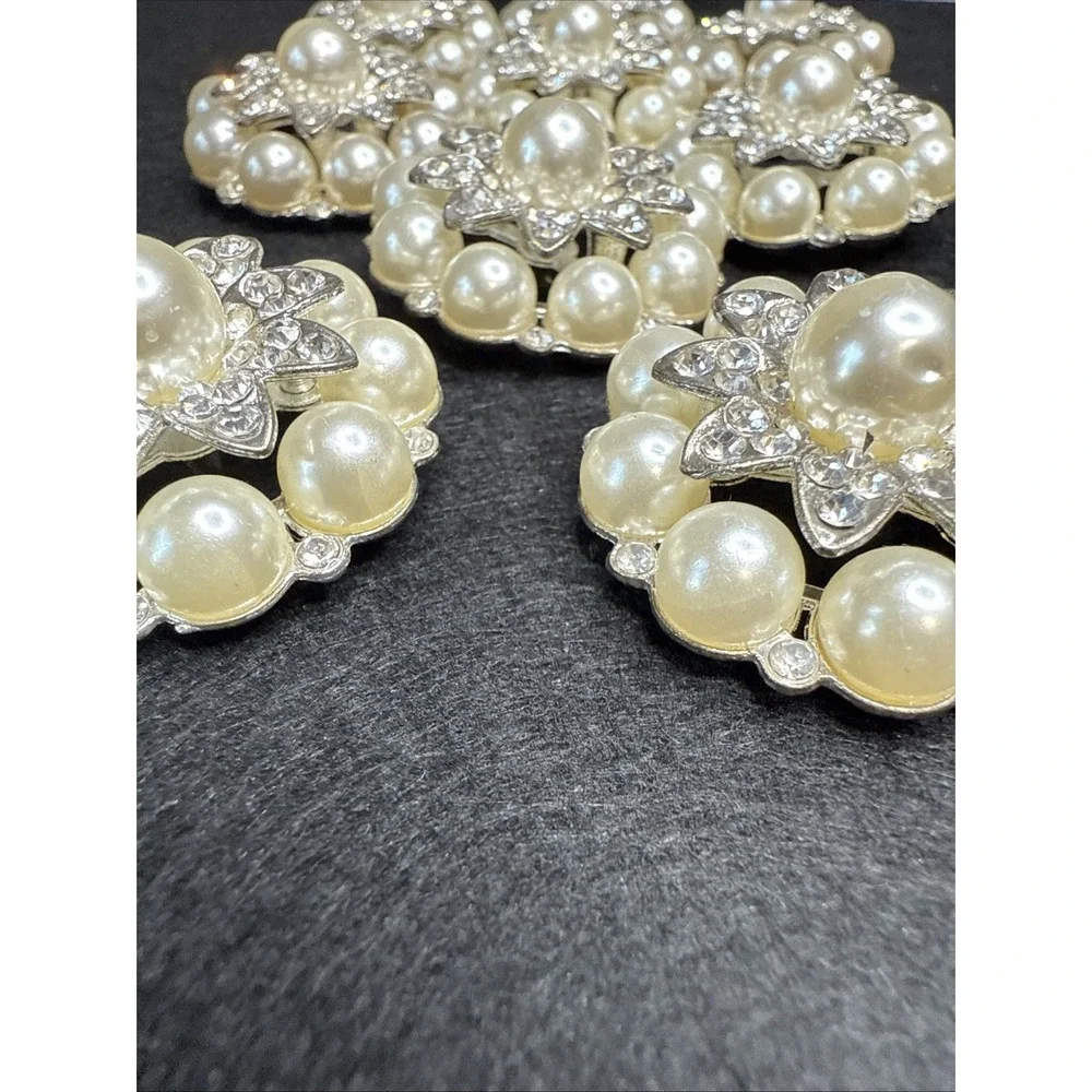 9 Vintage Rhinestone And Faux Pearl Shank Buttons Silver Plating Over Copper